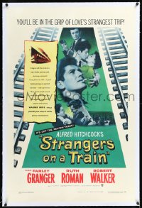 1h1365 STRANGERS ON A TRAIN linen 1sh 1951 Farley Granger & Robert Walker in murder pact, Hitchcock!