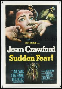 1h1370 SUDDEN FEAR linen style A 1sh 1952 super close up of terrified Joan Crawford, film noir!