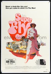 1h1371 SUPER FLY linen int'l 1sh 1972 Robert Tanenbaum art of Ron O'Neal with car & girl sticking it to The Man!