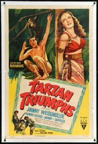 1h1375 TARZAN TRIUMPHS linen 1sh R1949 art of Johnny Weissmuller & sexy Frances Gifford, very rare!