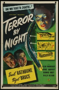 1h0288 TERROR BY NIGHT 1sh 1946 Basil Rathbone is Sherlock Holmes, Nigel Bruce as Watson, cool art!