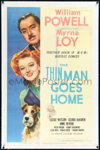 1h1388 THIN MAN GOES HOME linen 1sh 1944 art of William Powell, Myrna Loy & Asta the dog too, rare!