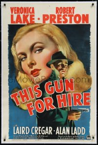 1h1390 THIS GUN FOR HIRE linen 1sh 1942 classic image of Alan Ladd with gun & sexy Veronica Lake!