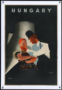 1h0668 HUNGARY linen 25x37 Hungarian travel poster 1930s Arisztid Uher art of dancing couple, rare!