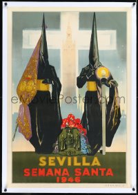 1h0674 SEVILLA SEMANA SANTA linen 27x38 Spanish travel poster 1946 art of men in hooded robes, rare!