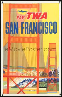 1h0675 TWA SAN FRANCISCO linen 25x40 travel poster 1960s David Klein art of the Golden Gate Bridge!