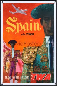 1h0676 TWA SPAIN linen 25x40 travel poster 1950s David Klein art of Spanish matadors in arena!