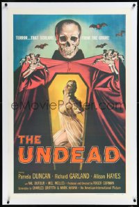1h1408 UNDEAD linen 1sh 1957 Albert Kallis art of huge skeleton & sexy Pamela Duncan, Roger Corman!
