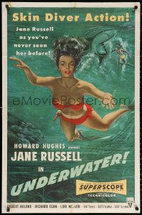 1h0290 UNDERWATER 1sh 1955 Howard Hughes, art of sexiest skin diver Jane Russell swimming by shark!