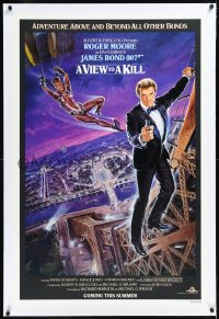 1h1418 VIEW TO A KILL linen advance 1sh 1985 Moore as James Bond, Jones, Goozee purple background art