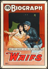 1h1420 WAIFS linen 1sh 1914 great art of Harry Carey taking Claire McDowell to grandpa, ultra rare!