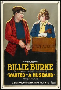 1h1422 WANTED - A HUSBAND linen 1sh 1919 stone litho art of Billie Burke with suitcase, ultra rare!