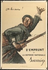 1h0678 ON LES AURA linen 30x45 French WWI war poster 1916 Jules Abel Faivre art of soldier with gun!