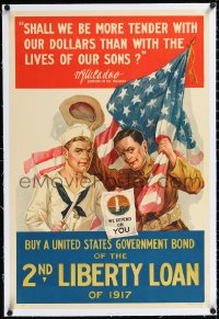 1h0679 2ND LIBERTY LOAN linen 20x30 WWI war poster 1917 art of Navy & Army soldiers with flag, rare!