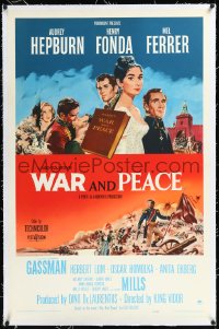 1h1423 WAR & PEACE linen 1sh 1956 art of Audrey Hepburn, Henry Fonda & Mel Ferrer, Leo Tolstoy epic!
