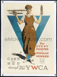 1h0697 CARE FOR HER THROUGH THE YWCA linen 30x41 WWII war poster 1918 for every fighter a woman worker!