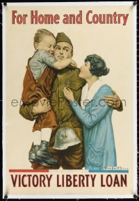 1h0685 FOR HOME & COUNTRY linen 20x30 WWI war poster 1918 Alfred Everitt Orr art of reunited family!