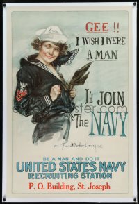 1h0686 GEE I WISH I WERE A MAN I'D JOIN THE NAVY linen 27x41 WWI war poster 1918 Christy art, rare!