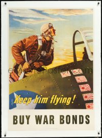 1h0707 KEEP HIM FLYING linen 29x40 WWII war poster 1943 Georges Schreiber art of U.S. pilot, rare!
