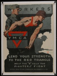 1h0694 WORKERS LEND YOUR STRENGTH linen 20x27 WWI war poster 1918 YMCA, help Y help fighters fight!