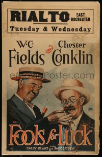 1h0384 FOOLS FOR LUCK WC 1928 great close up art of W.C. Fields pulling Chester Conklin's mustache!