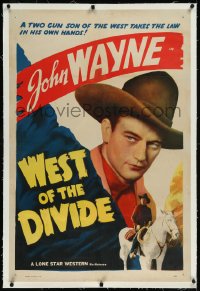 1h1429 WEST OF THE DIVIDE linen 1sh R1940s 2-gun son of the West John Wayne takes law into his hands!