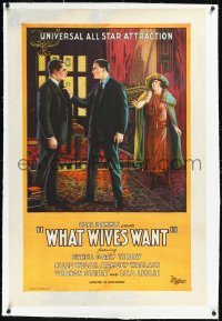 1h1432 WHAT WIVES WANT linen 1sh 1923 art of Ethel Grey Terry by 2 men in confrontation, ultra rare!