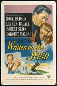 1h1445 WRITTEN ON THE WIND linen 1sh 1956 Brown art of Lauren Bacall, Rock Hudson & Robert Stack!