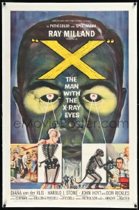 1h1447 X: THE MAN WITH THE X-RAY EYES linen 1sh 1963 Ray Milland strips souls & bodies, cool art!