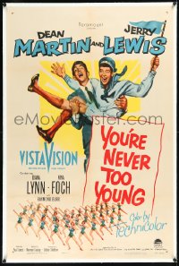 1h1454 YOU'RE NEVER TOO YOUNG linen 1sh 1955 great image of Dean Martin & Jerry Lewis + sexy dancers!