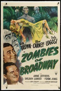 1h1457 ZOMBIES ON BROADWAY linen 1sh 1944 creepy Bela Lugosi, two zanies on a zombie hunt, cool art!