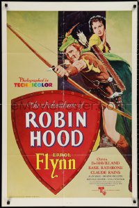 1j1798 ADVENTURES OF ROBIN HOOD 1sh R1976 Flynn as Robin Hood, De Havilland, different art!