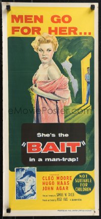 1j0786 BAIT Aust daybill 1954 sexy bad girl Cleo Moore is the bait in a man-trap, ultra rare!