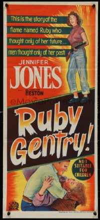 1j0857 RUBY GENTRY Aust daybill 1953 artwork of super sleazy bad girl Jennifer Jones with shotgun!