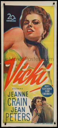 1j0864 VICKI Aust daybill 1953 if men want to look at bad girl Jean Peters, she'll make them pay!