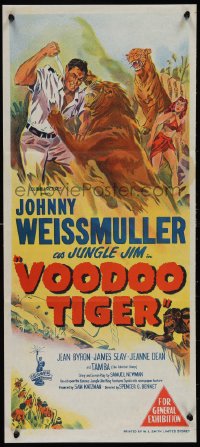 1j0866 VOODOO TIGER Aust daybill 1952 great art of Johnny Weissmuller as Jungle Jim vs big cats!
