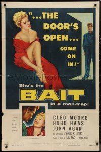 1j1820 BAIT 1sh 1954 the door's always open to sexy bad girl Cleo Moore's room, come on in!