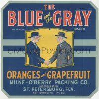 1j0374 BLUE & THE GRAY ORANGES & GRAPEFRUIT 9x9 crate label 1940s art of North & South shaking hands!