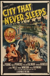 1j1867 CITY THAT NEVER SLEEPS 1sh 1953 great art of gunfight under elevated train in Chicago!