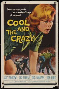 1j1878 COOL & THE CRAZY 1sh 1958 savage punks on a weekend binge of violence, classic '50s art!