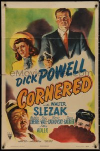 1j1879 CORNERED 1sh 1946 great artwork of Dick Powell pointing gun & Walter Slezak!