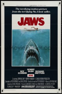 1j2010 JAWS 1sh 1975 Roger Kastel art of Spielberg's man-eating shark attacking sexy swimmer!
