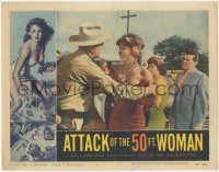 1j0949 ATTACK OF THE 50 FT WOMAN LC #4 1958 sheriff tries to calm Allison Hayes in low-cut dress!