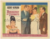 1j0971 BREAKFAST AT TIFFANY'S LC #5 1961 elegant Audrey Hepburn between Peppard & Balsam at party!