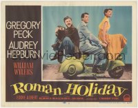 1j1145 ROMAN HOLIDAY LC #1 1953 Audrey Hepburn, Gregory Peck & Eddie Albert all riding on Vespa!