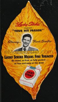 1j0047 LUCKY STRIKE die-cut 8x13 fan 1940s Frank Sinatra selling fine tobacco, Your Hit Parade!