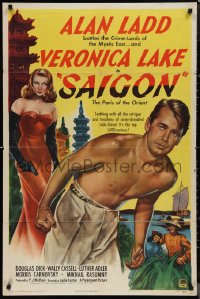 1j2134 SAIGON 1sh 1948 close up of barechested Alan Ladd & sexy Veronica Lake with gun!