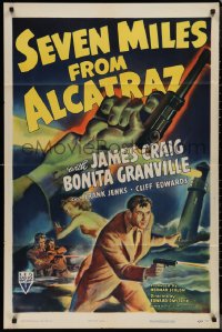 1j2145 SEVEN MILES FROM ALCATRAZ 1sh 1942 cool art of James Craig escaping prison with gun!