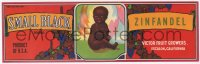 1j0383 SMALL BLACK ZINFANDEL 4x13 crate label 1940s art of happy African American infant!