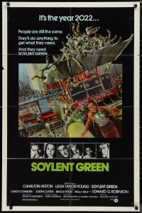1j2156 SOYLENT GREEN 1sh 1973 art of Charlton Heston trying to escape riot control by John Solie!